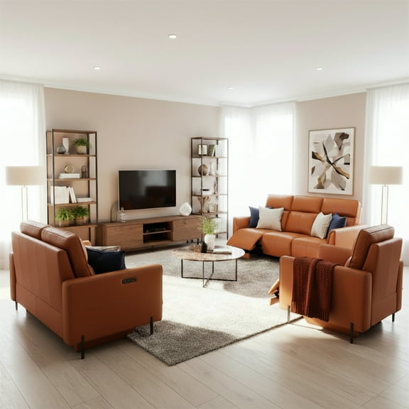 Modern 3-Piece Leather Reclining Sofa Set with Power Recliners and Head Control, Orange