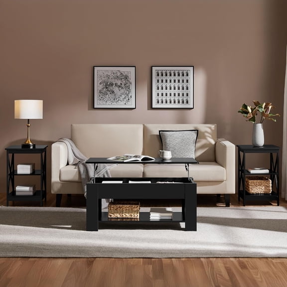 Modern Living Room 3-Piece Lift Top Coffee Table Set with Hidden Storage and End Tables, Black