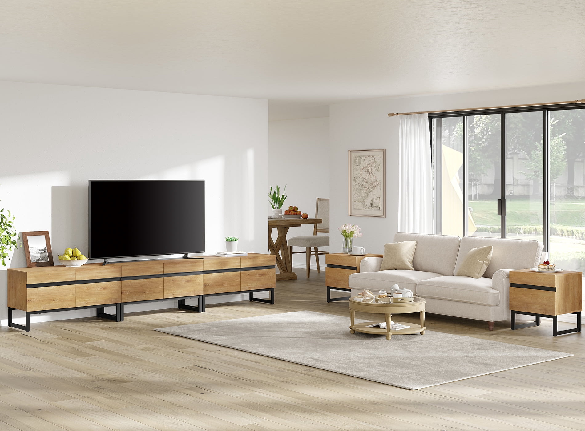 Modern 3-Piece Living Room Set, 106 Inch TV Stand And 2 End Table Sets With 2 Drawers, Media Console with Storage Shelves, Sturdy Wood Frame & Metal Legs, Contemporary Furniture for Living Room,Oak
