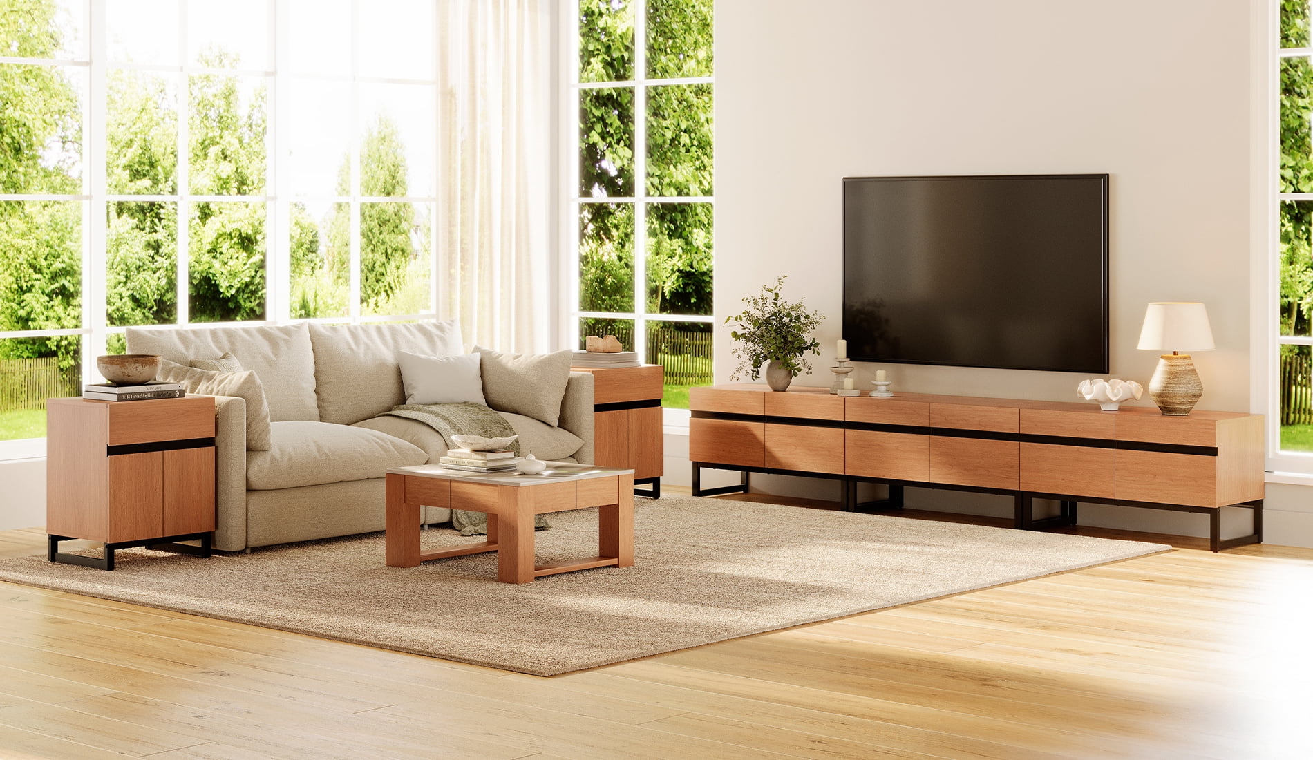 Modern 3-Piece Living Room Set, 106 Inch TV Stand And 2 End Table Sets With Drawers, Media Console with Storage Shelves, Sturdy Wood Frame & Metal Legs, Contemporary Furniture for Living Room,Mocha