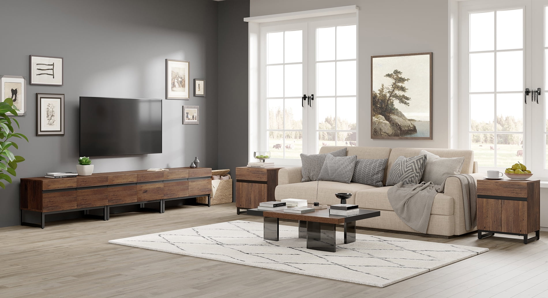 Modern 3-Piece Living Room Set, 106 Inch TV Stand And 2 End Table Sets With Drawers, Media Console with Storage Shelves, Sturdy Wood Frame & Metal Legs, Contemporary Furniture for Living Room,Brown