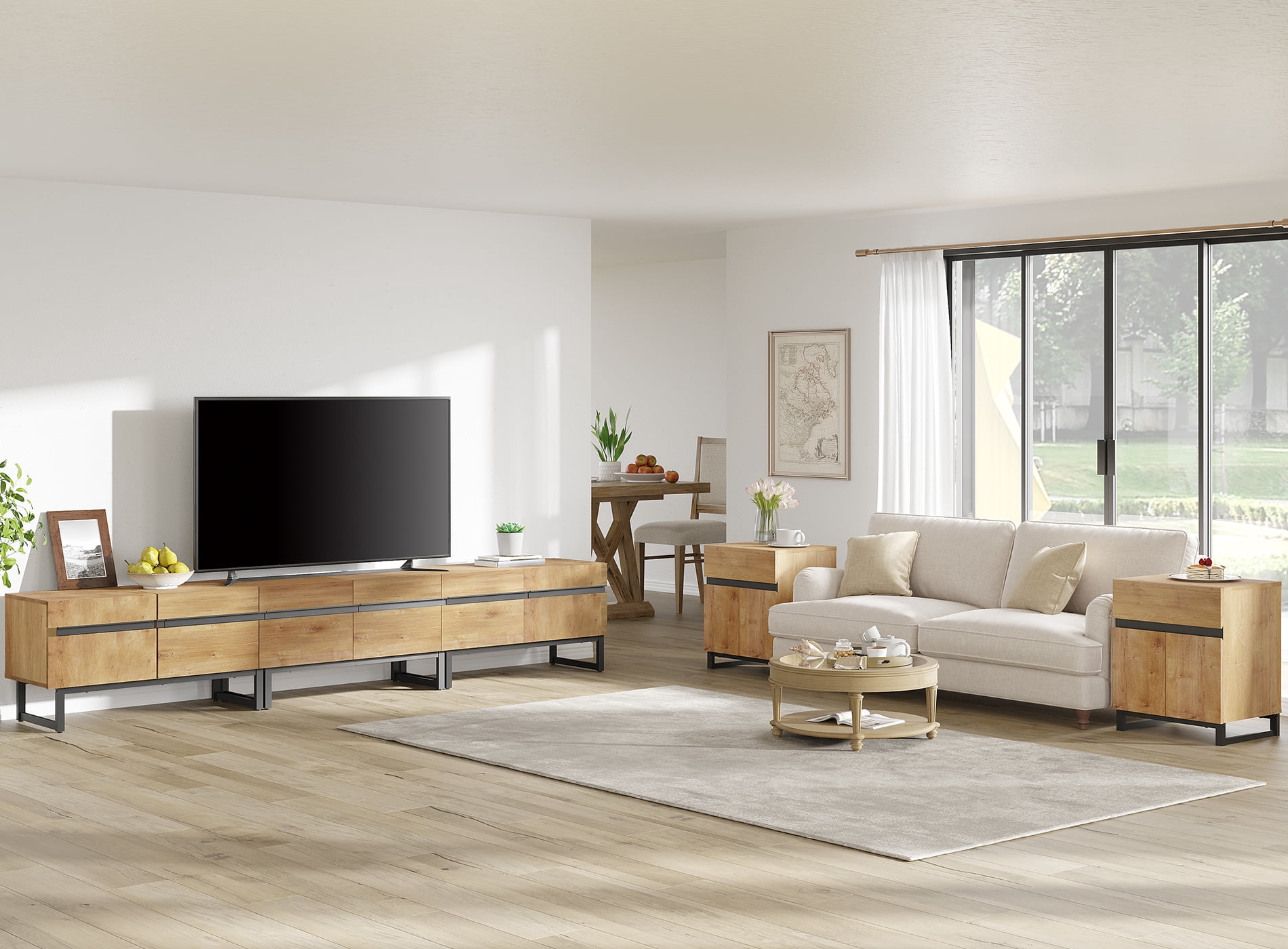 Modern 3-Piece Living Room Set, 106 Inch TV Stand And 2 End Table Sets With Drawers, Media Console with Storage Shelves, Sturdy Wood Frame & Metal Legs, Contemporary Furniture for Living Room,Oak