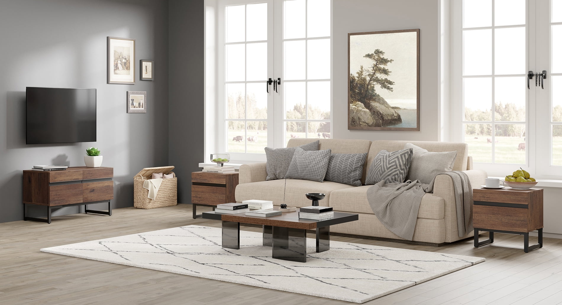 Modern 3-Piece Living Room Set, 35 Inch TV Stand And 2 End Table Sets With 2 Drawers, Media Console with Storage Shelves, Sturdy Wood Frame & Metal Legs, Contemporary Furniture for Living Room,Brown