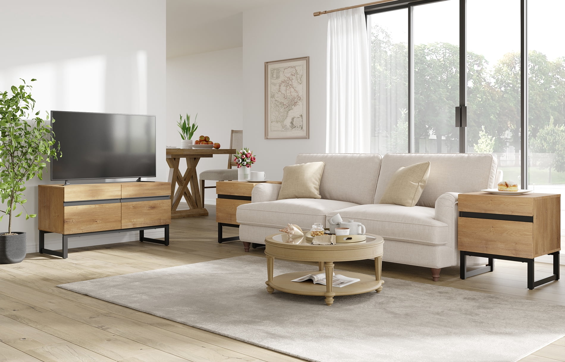 Modern 3-Piece Living Room Set, 35 Inch TV Stand And 2 End Table Sets With 2 Drawers, Media Console with Storage Shelves, Sturdy Wood Frame & Metal Legs, Contemporary Furniture for Living Room,Oak