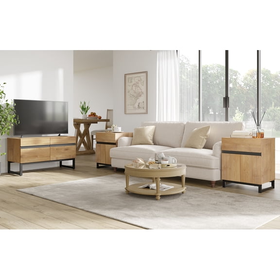 Modern 3-Piece Living Room Set, 35 Inch TV Stand And 2 End Table Sets With Drawers, Media Console with Storage Shelves, Sturdy Wood Frame & Metal Legs, Contemporary Furniture for Living Room,Oak