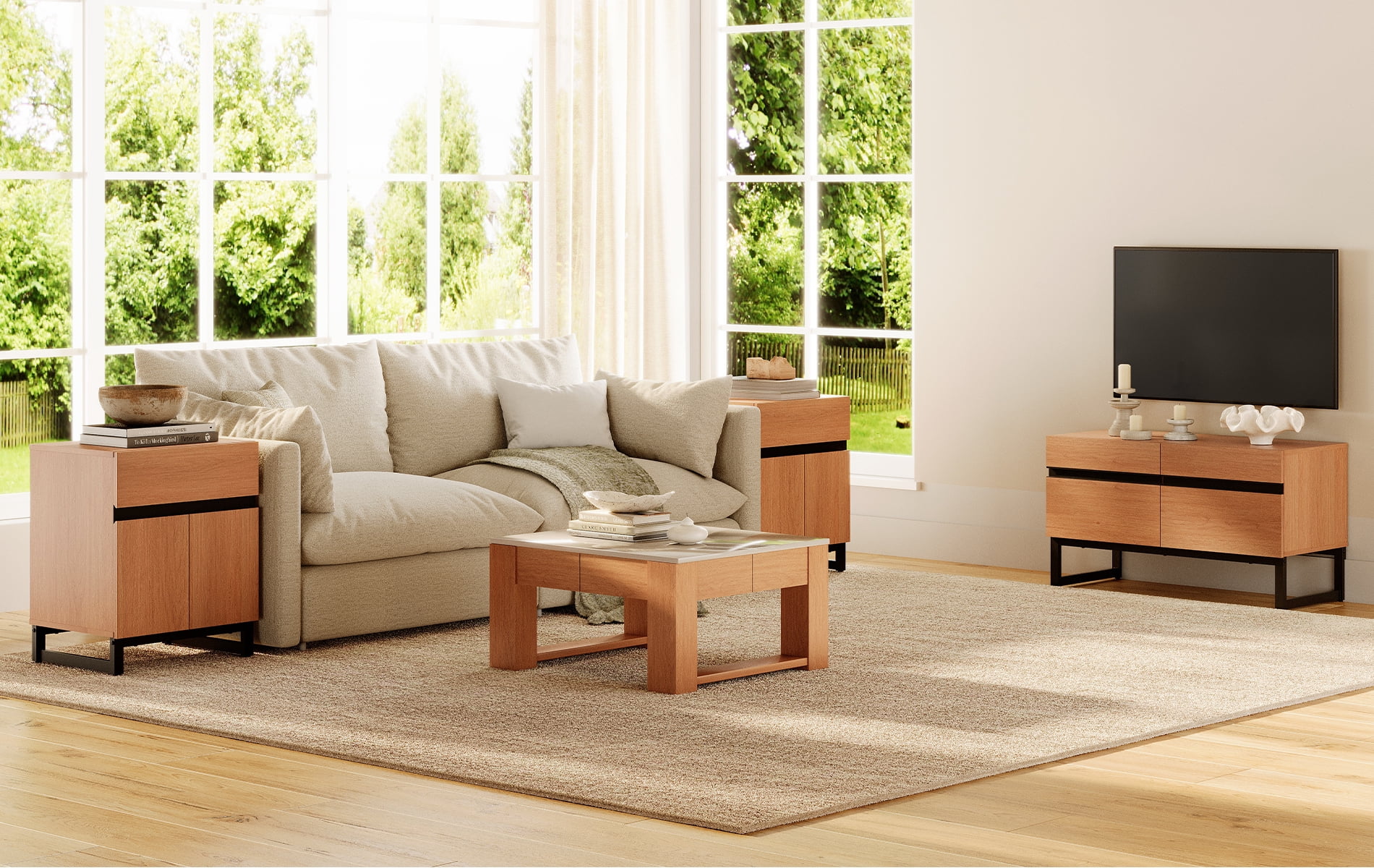 Modern 3-Piece Living Room Set, 35 Inch TV Stand And 2 End Table Sets With Drawers, Media Console with Storage Shelves, Sturdy Wood Frame & Metal Legs, Contemporary Furniture for Living Room,Mocha