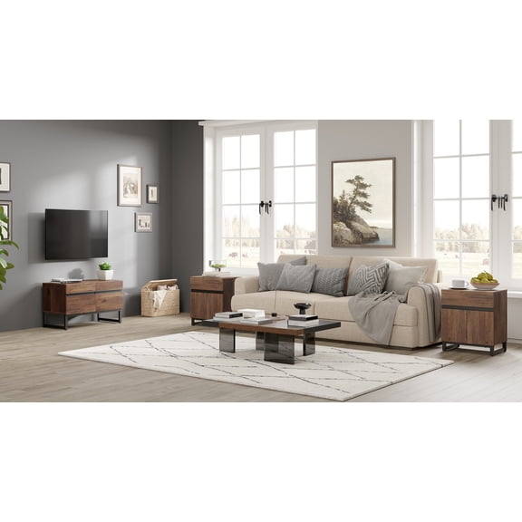Modern 3-Piece Living Room Set, 35 Inch TV Stand And 2 End Table Sets With Drawers, Media Console with Storage Shelves, Sturdy Wood Frame & Metal Legs, Contemporary Furniture for Living Room,Brown