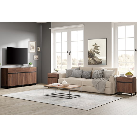 Modern 3-Piece Living Room Set – 63" TV Stand + 2 End Tables with Drawers, Entertainment Center with Storage Cabinet for Living Room,Brown