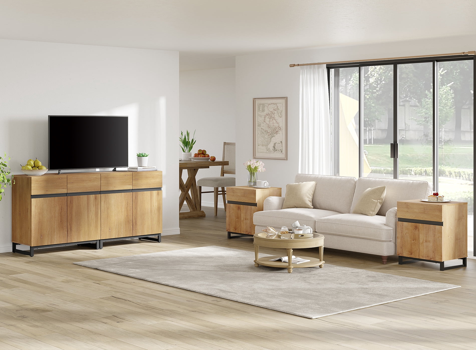 Modern 3-Piece Living Room Set – 63" TV Stand + 2 End Tables with Drawers, Entertainment Center with Storage Cabinet for Living Room,Oak