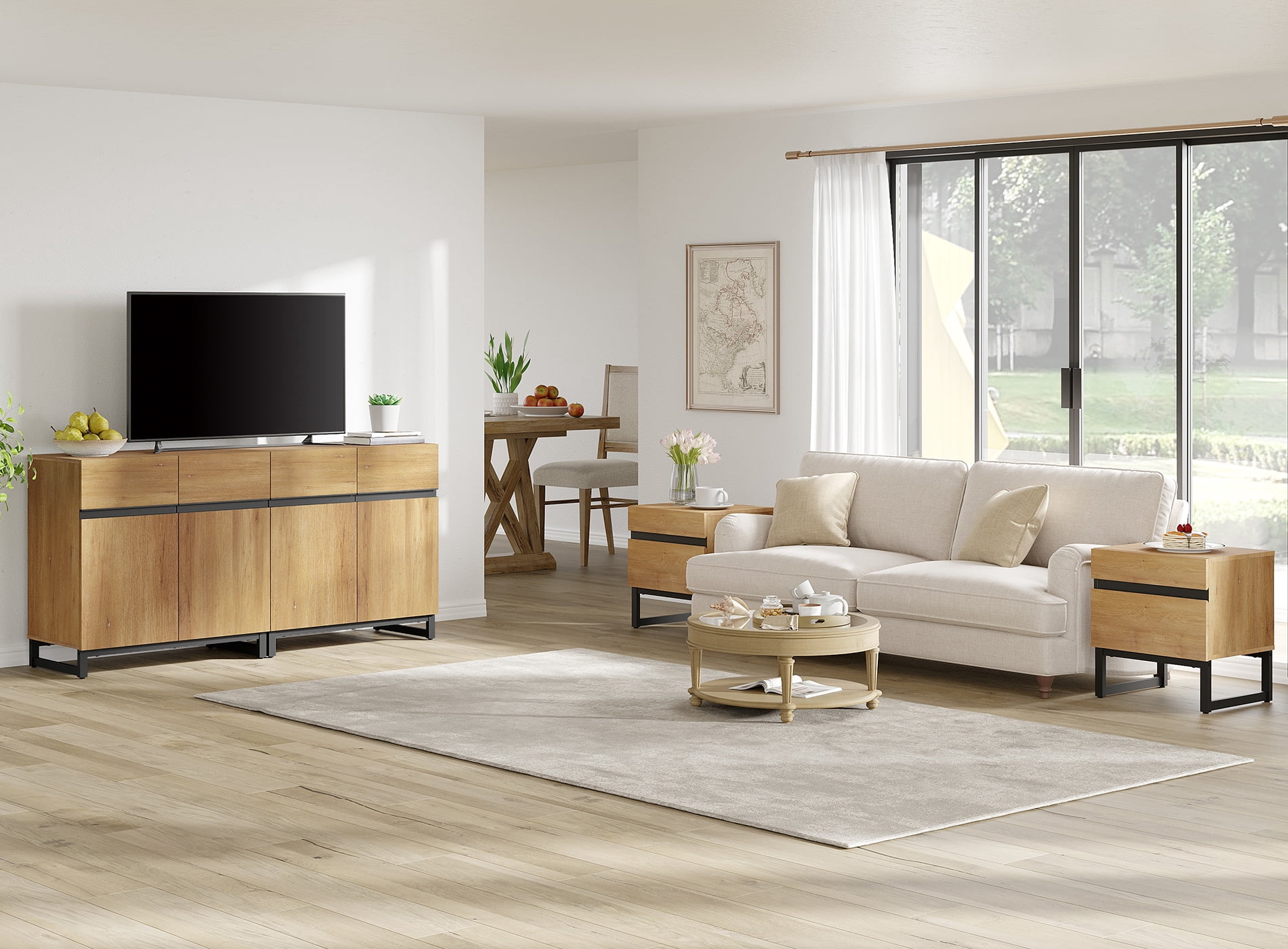 Modern 3-Piece Living Room Set – 63" TV Stand + 2 End Tables with Drawers, Entertainment Center with Storage Cabinet for Living Room,Oak