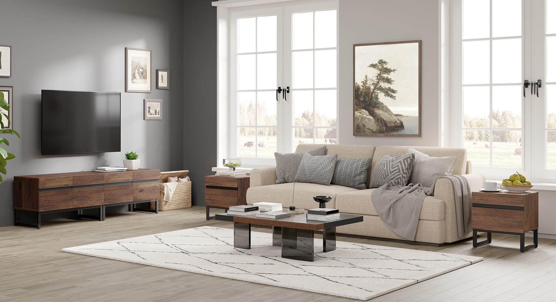 Modern 3-Piece Living Room Set, 71 Inch TV Stand And 2 End Table Sets With 2 Drawers, Media Console with Storage Shelves, Sturdy Wood Frame & Metal Legs, Contemporary Furniture for Living Room,Brown