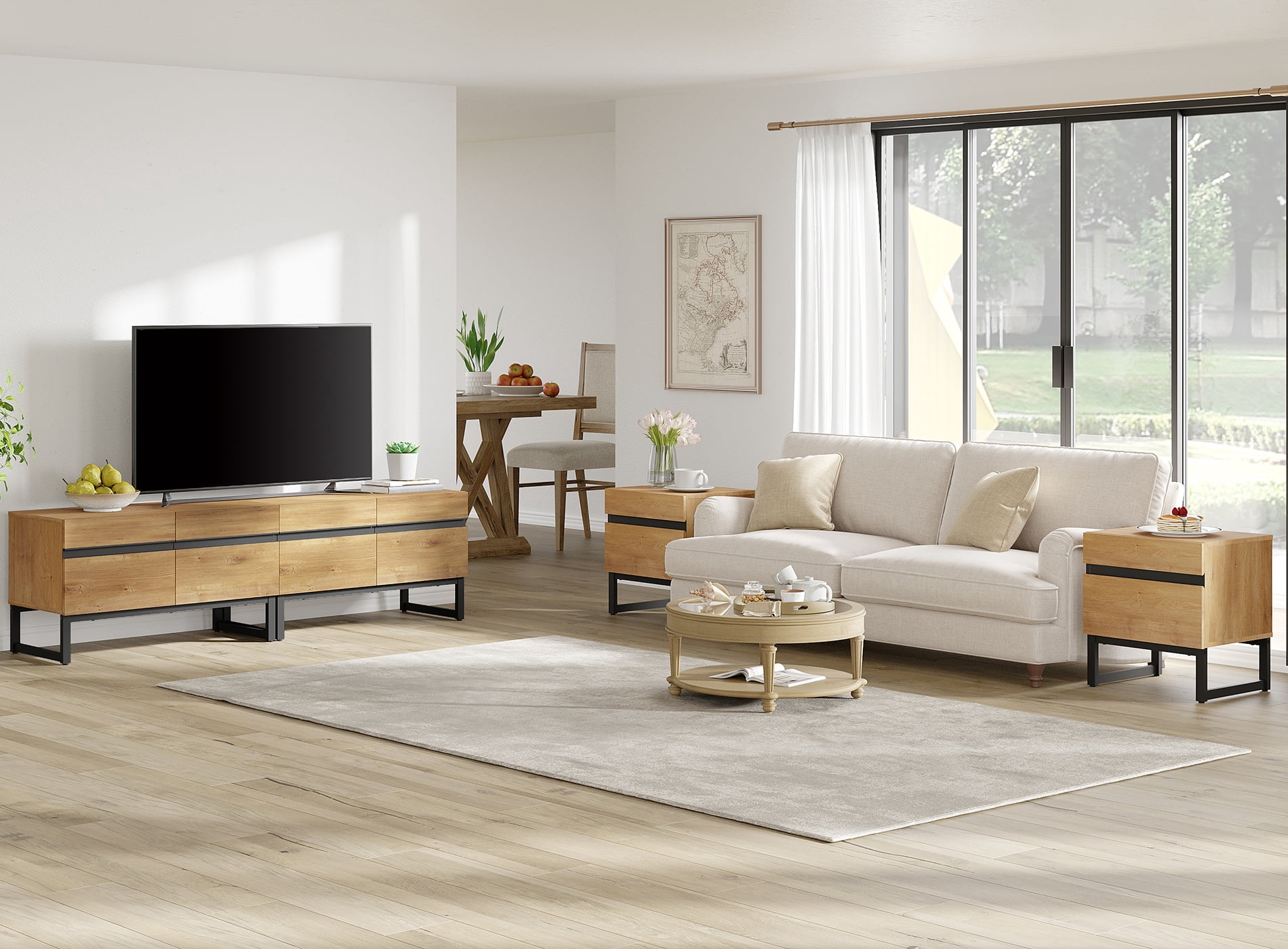 Modern 3-Piece Living Room Set, 71 Inch TV Stand And 2 End Table Sets With 2 Drawers, Media Console with Storage Shelves, Sturdy Wood Frame & Metal Legs, Contemporary Furniture for Living Room,Oak