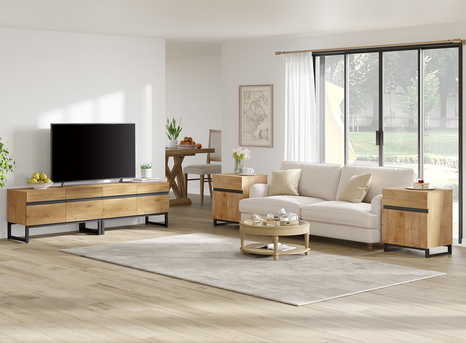 Modern 3-Piece Living Room Set, 71 Inch TV Stand And 2 End Table Sets With Drawers, Media Console with Storage Shelves, Sturdy Wood Frame & Metal Legs, Contemporary Furniture for Living Room,Oak