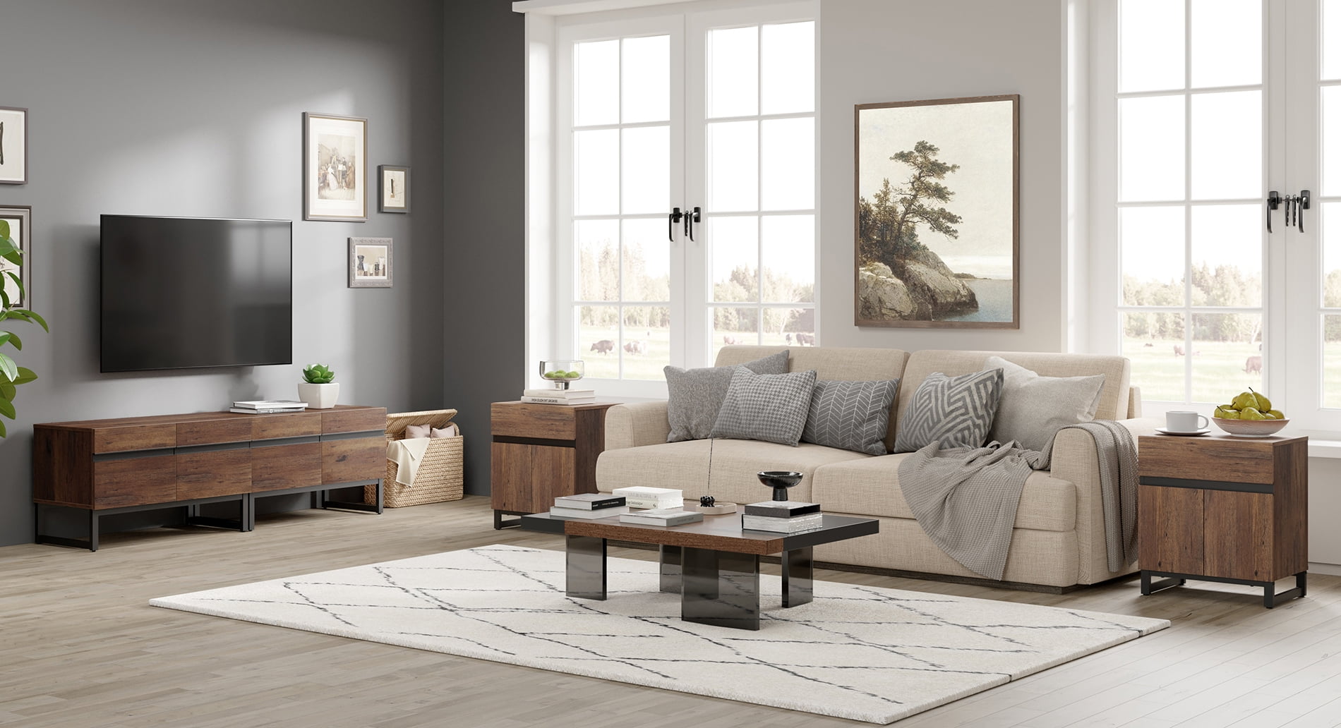 Modern 3-Piece Living Room Set, 71 Inch TV Stand And 2 End Table Sets With Drawers, Media Console with Storage Shelves, Sturdy Wood Frame & Metal Legs, Contemporary Furniture for Living Room,Brown