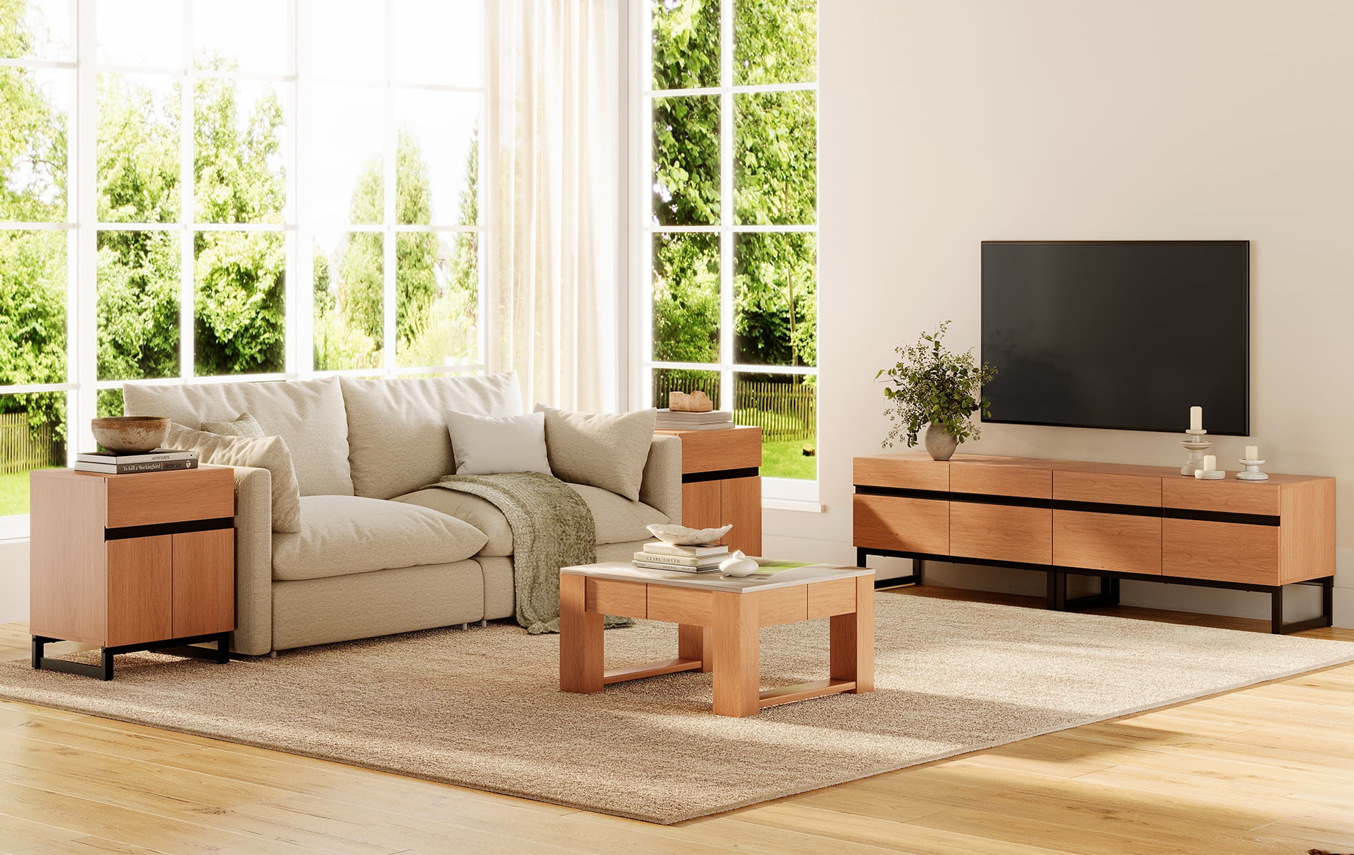 Modern 3-Piece Living Room Set, 71 Inch TV Stand And 2 End Table Sets With Drawers, Media Console with Storage Shelves, Sturdy Wood Frame & Metal Legs, Contemporary Furniture for Living Room,Mocha