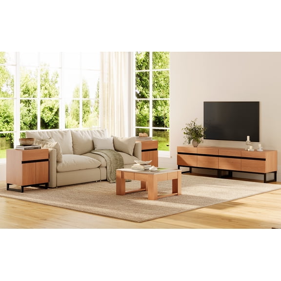 Modern 3-Piece Living Room Set, 71 Inch TV Stand And 2 End Table Sets With Drawers, Media Console with Storage Shelves, Sturdy Wood Frame & Metal Legs, Contemporary Furniture for Living Room,Mocha