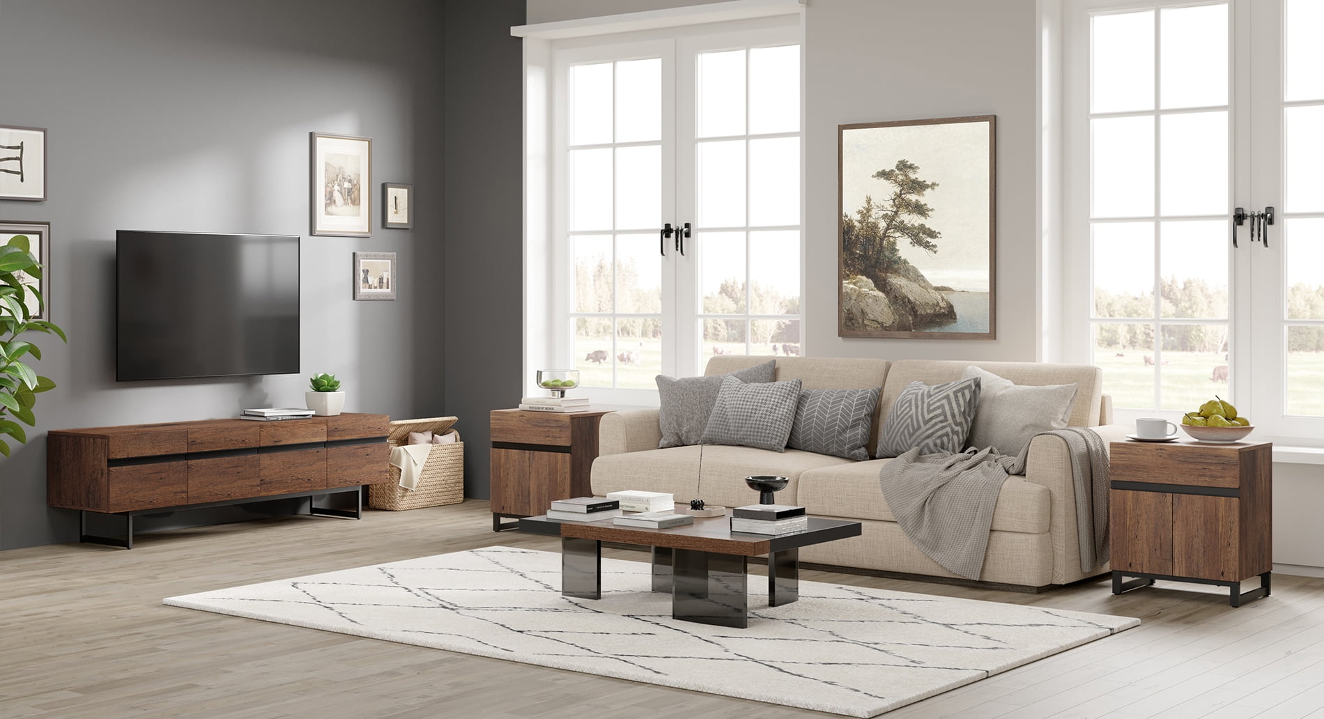 Modern 3-Piece Living Room Set: 71" TV Stand with Storage Cabinet + 2 End Tables with Drawers for Living Room, TV Entertainment Center, Console TV,Brown