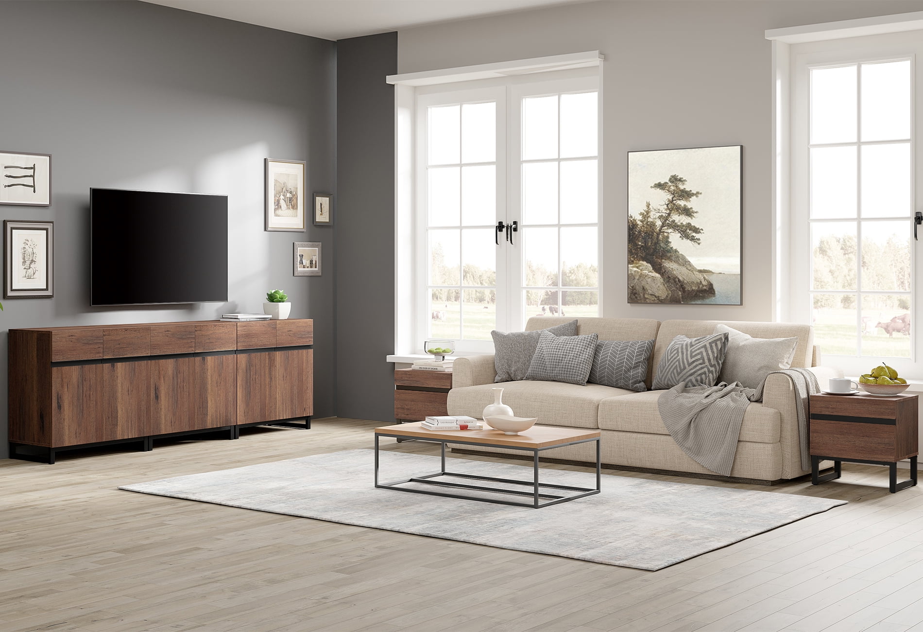 Modern 3-Piece Living Room Set – 94.5" TV Stand + 2 End Tables with Drawers, Entertainment Center with Storage Cabinet for Living Room,Brown