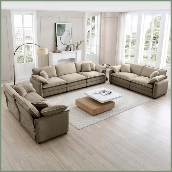 Modern 3-Piece Living Room Sofa Set  2 Seaters + 3 Seater, Tan Corduroy, Deep Seats & Pillows