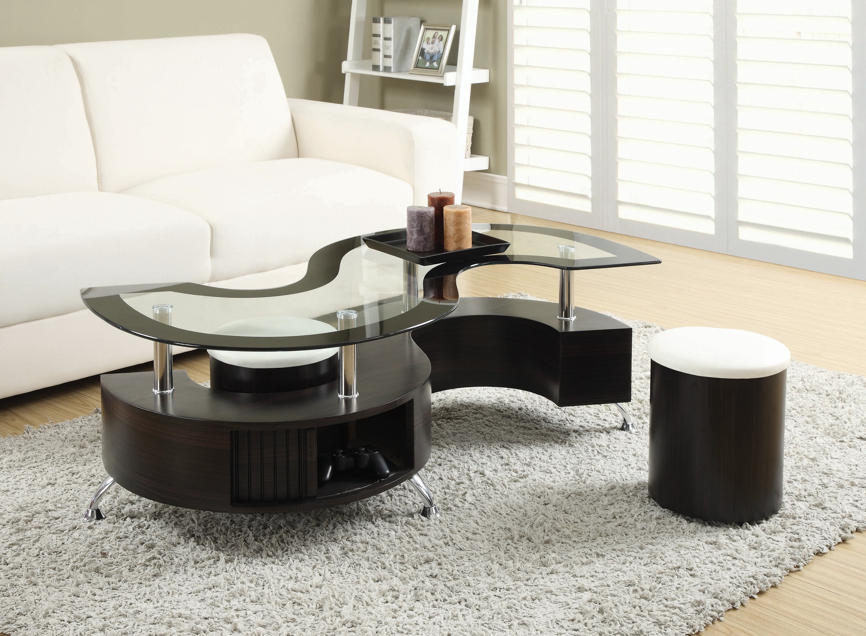 Modern 3 Piece Living Room Table Set with Storage, Cappuccino/Chrome