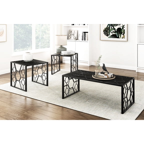 Modern 3-Piece Occasional Table Group | Used in Living Spaces for Coffee and End Needs | Tempered Glass with Marble Print on Metal Structure | Adds Sophistication to Home