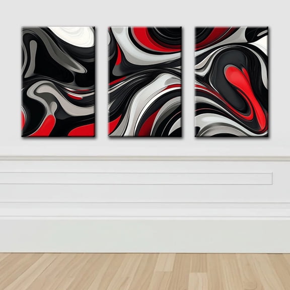 Modern 3-Piece Red Black Abstract Canvas Decor for Living Room Bedroom