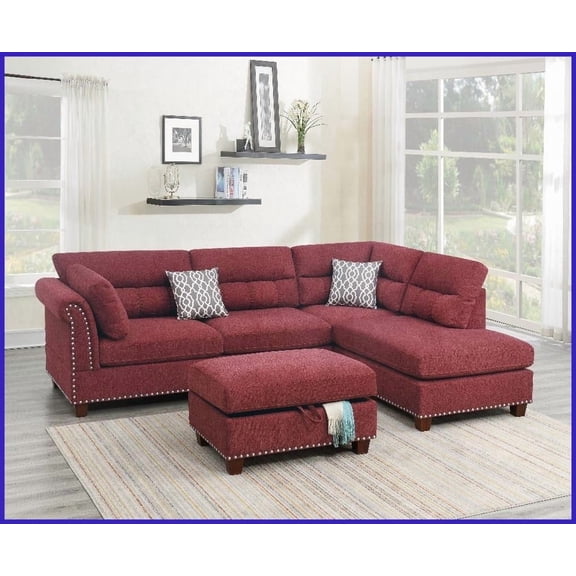 Modern 3-Piece Red Velvet Sectional Sofa with Reversible Chaise & Ottoman for Living Room