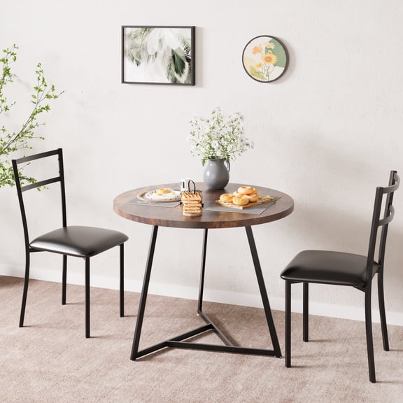 Modern 3-Piece Round Dining Table Set for 2 – Space-Saving Kitchen & Dining Room Furniture, Upholstered Chairs, Sturdy Steel Frame, For Apartment, Studio, Breakfast Nook – Vintage Brown