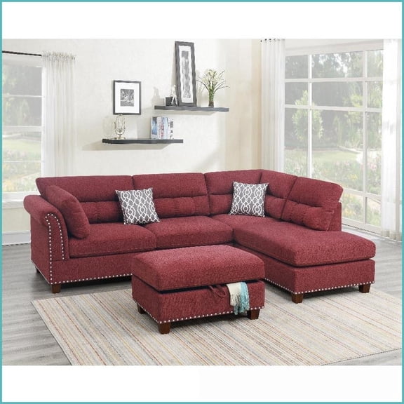 Modern 3-Piece Velvet Sectional Sofa with Reversible Chaise & Ottoman - Paprika Red | Red | Velvet Fabric | Wood
