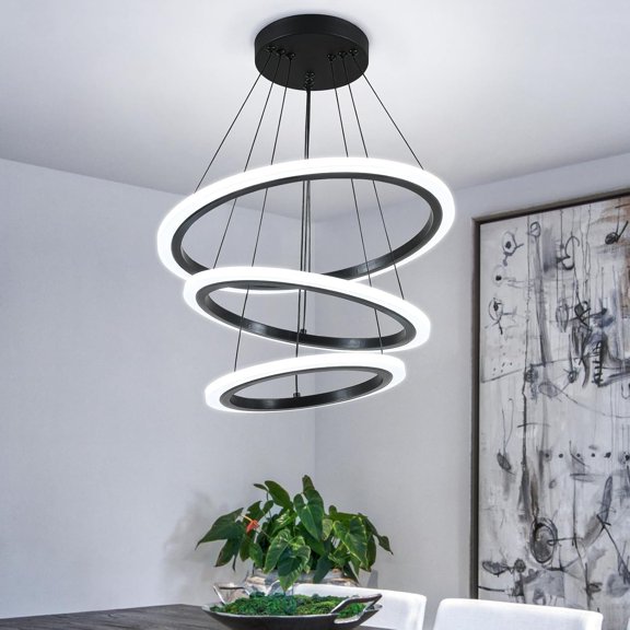 Modern 3 Ring LED 52W Black Pendant Light with Irregular Ring Lights Adjustable  Lamp for Dining Room Bedroom Kitchen  Cafe
