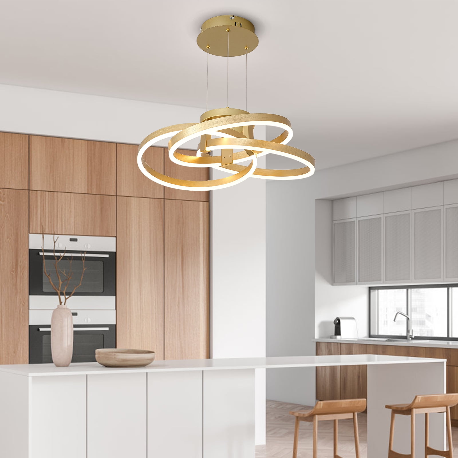 Modern 3 Ring Wave Dimmable Kitchen Island LED Chandelier Light with Remote Control Height Adjustable Pendant Light Hanging Ceiling Light Fixture
