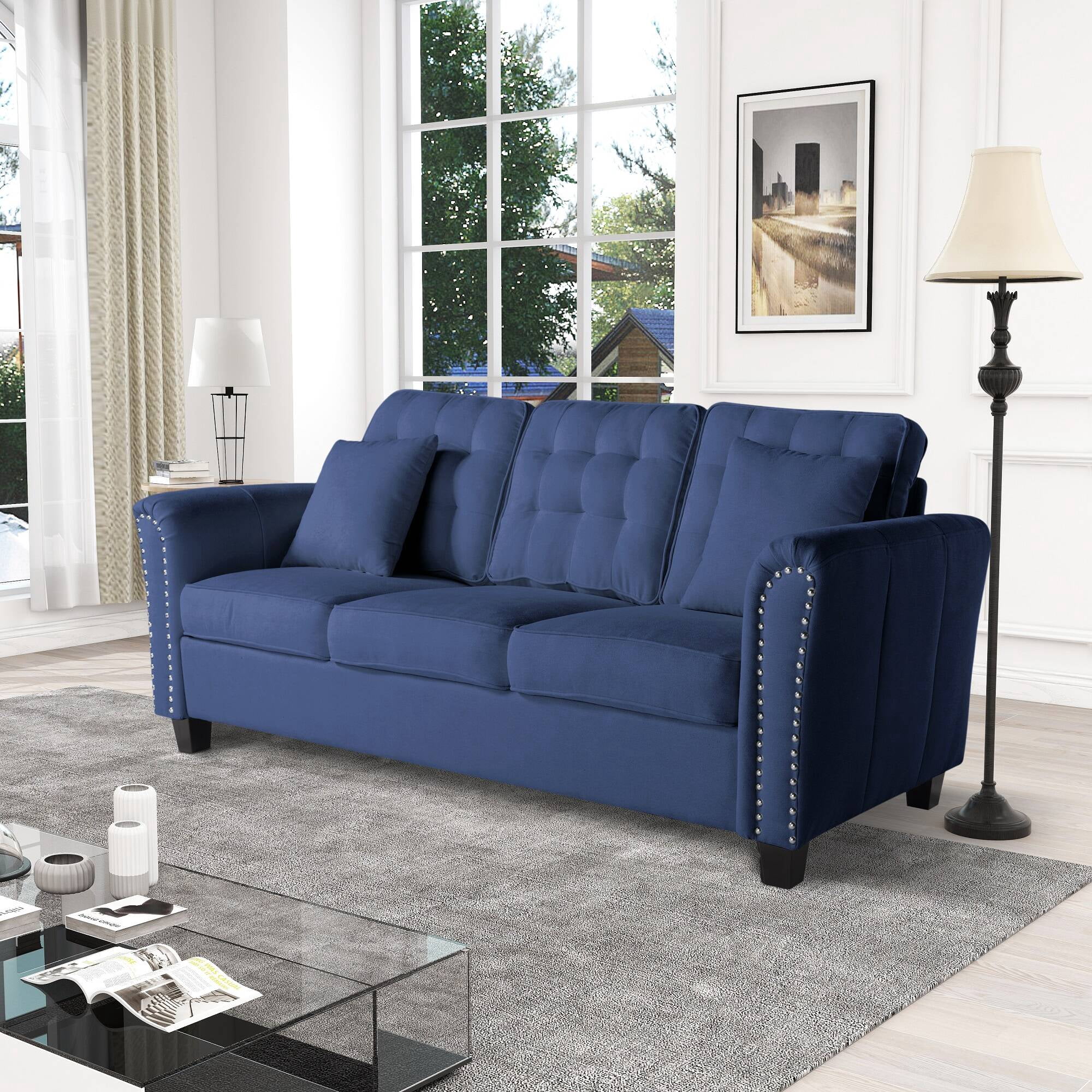 Modern 3 Seat Classic Modern Sofa with 2 Pillows, Tufted Upholsteres Couch with Rolled Arms and Nailhead Trim for Living Room, Apartment, Black