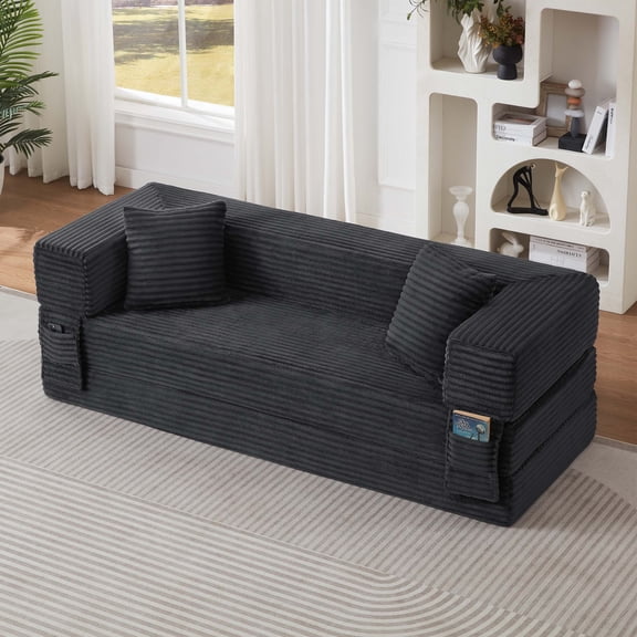 Modern 3-Seat Convertible Cord Sofa Sleeper, Dark Gray | Classic Square Design with Two-Tier Base | Foam Futon that Converts to Bed for Apartment & Living Room