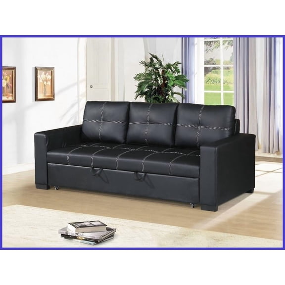 Modern 3-Seat Convertible Sofa Bed in Black Faux Leather - Ideal for Living Room Guest Use