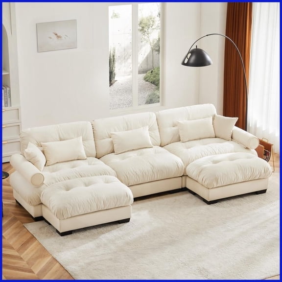 Modern 3-Seat Convertible U/L Shaped Sectional Sofa with 2 Ottomans - Cream Vintage Velvet for Living Room