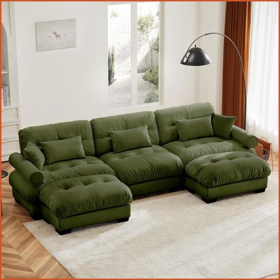 Modern 3-Seat Modular Sectional Sofa with Ottomans - Vintage Velvet Convertible Couch for Living Room, Olive Green
