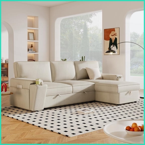 Modern 3-Seat Polyester Sleeper Sectional Sofa with Storage & Cup Holders for Living Room