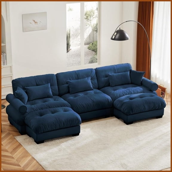 Modern 3-Seat U/L Shape Modular Sectional Sofa with Ottomans - Vintage Velvet Fabric for Living Room, Blue