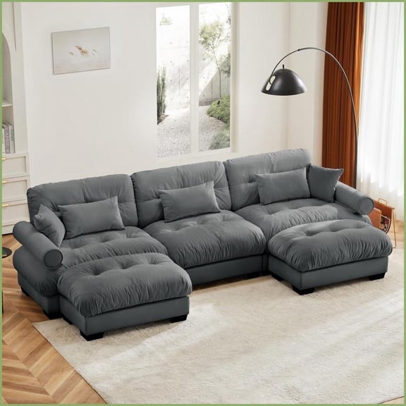 Modern 3-Seat U-Shaped Modular Sectional Sofa with Movable Ottomans | Velvet | Round Arms | Cushion Back | Grey for Living Room