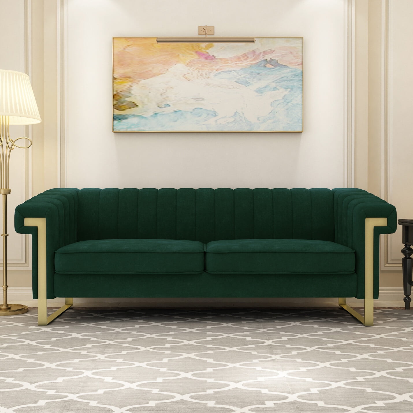 Picture of Modern 3-Seat Velvet Sofa with Gold Accents, Sleek Channel-Tufted ...