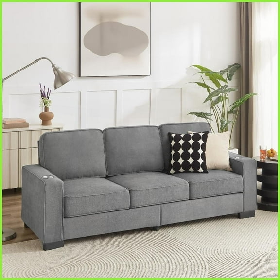 Modern 3-Seater 83.86 Snowfleece Fabric Sofa with Cup Holders Gray Couch for Living Room, Bedroom, Office