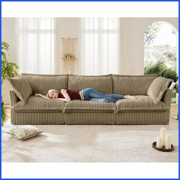 Modern 3-Seater Camel Corduroy Sofa Removable Covers, Deep Seat for Living Room & Apartment