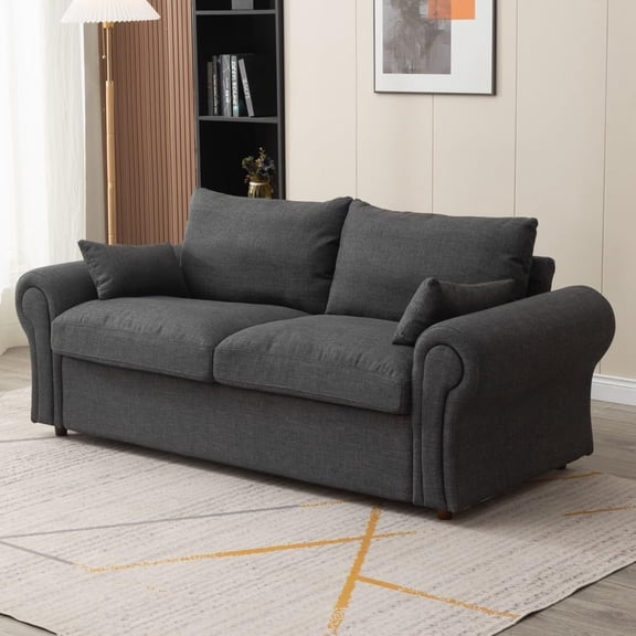 Modern 3 Seater Couch Seette, Linen Fabric Grey Sofa with Under Storage Compartment for Small Apartment 180 x 80 x 80cm (Dark Grey, Ruched Arm)