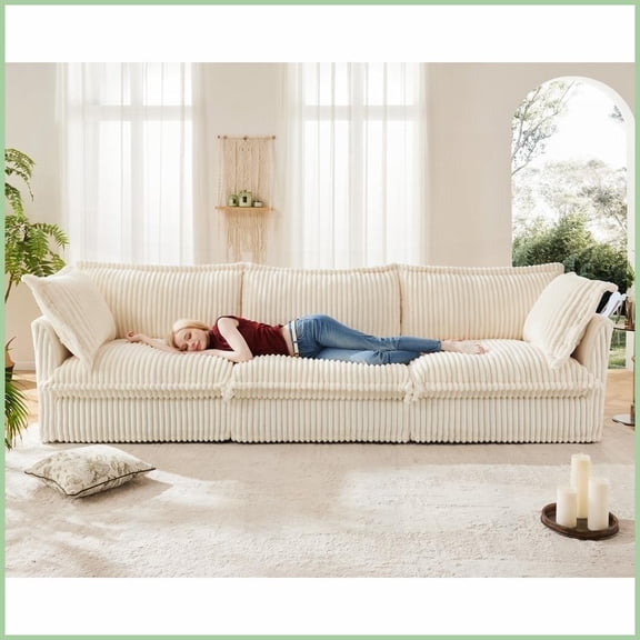 Modern 3-Seater Cream Corduroy Sofa - Removable Cover & Deep Seat for Living Room Comfort