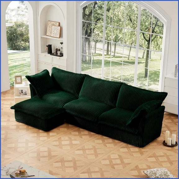 Modern 3-Seater L-Shaped Slipcovered Corduroy Sectional Sofa Convertible Ottoman, Washable Covers | Green | Corduroy | Cushion Back