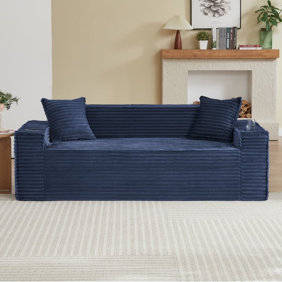 Modern 3 Seater Sofa, Blue Corduroy Couch, Small Space, No Assembly
