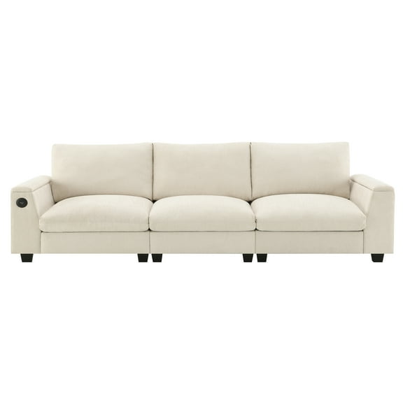Modern 3 Seater Sofa, Chenille Upholstered Couch with Bluetooth Speaker Cup Holders and USB Charger, for Living Room Apartment