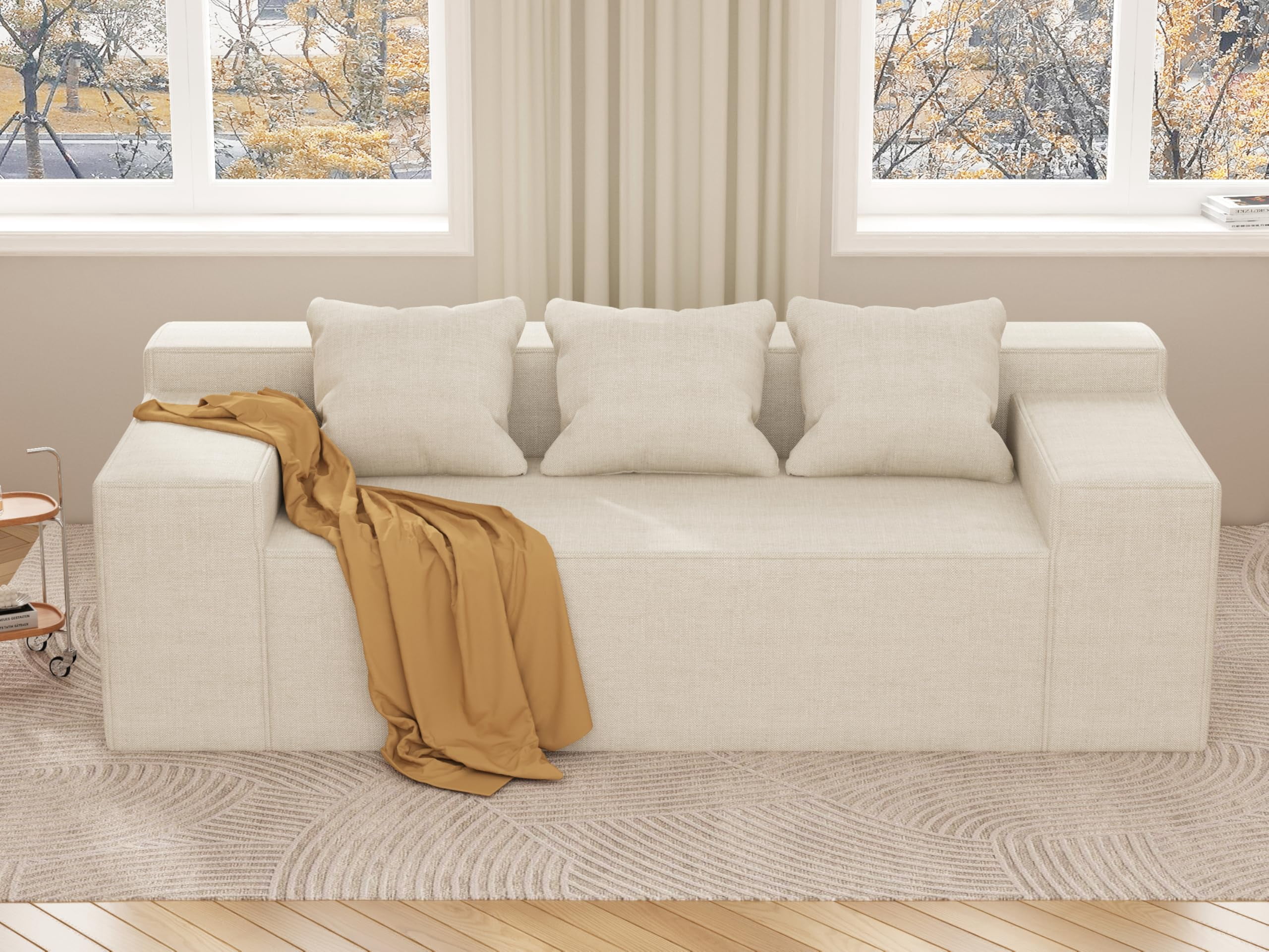 Modern 3-Seater Sofa, Hybrid Sofa in a Box, No Assembly Required, Comfy Sofa Couch with 3 Matching Pillows, Couch for Living Room or Bedroom, Beige