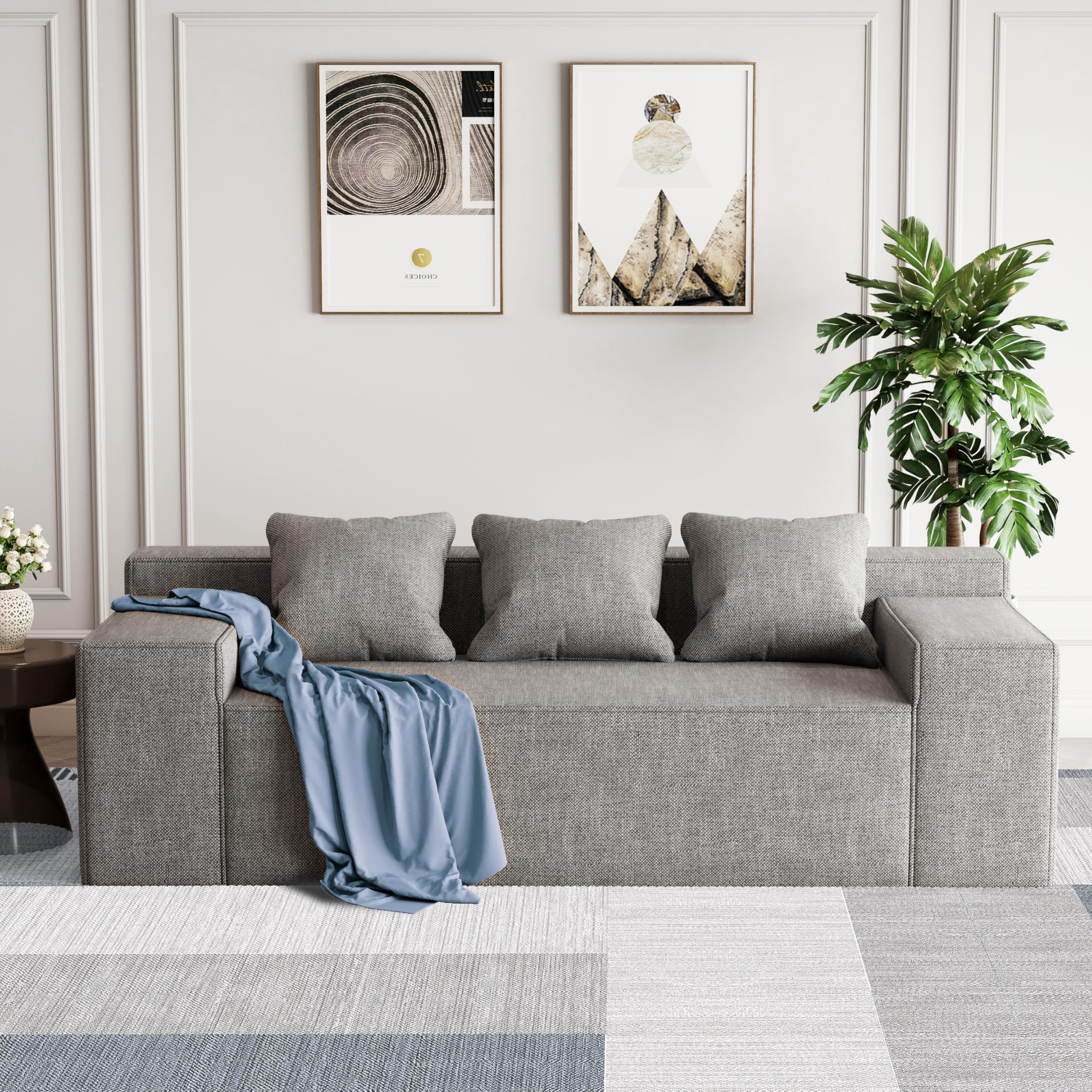 Modern 3-Seater Sofa, Hybrid Sofa in a Box, No Assembly Required, Comfy Sofa Couch with 3 Matching Pillows, Couch for Living Room or Bedroom, Grey