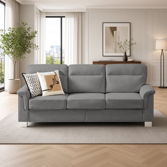 Modern 3-Seater Sofa, Snowfleece Fabric Couch with High-Density Foam & Spring Pack, Chesterfield Style with Nailhead Trim, Living Room Furniture, Gray